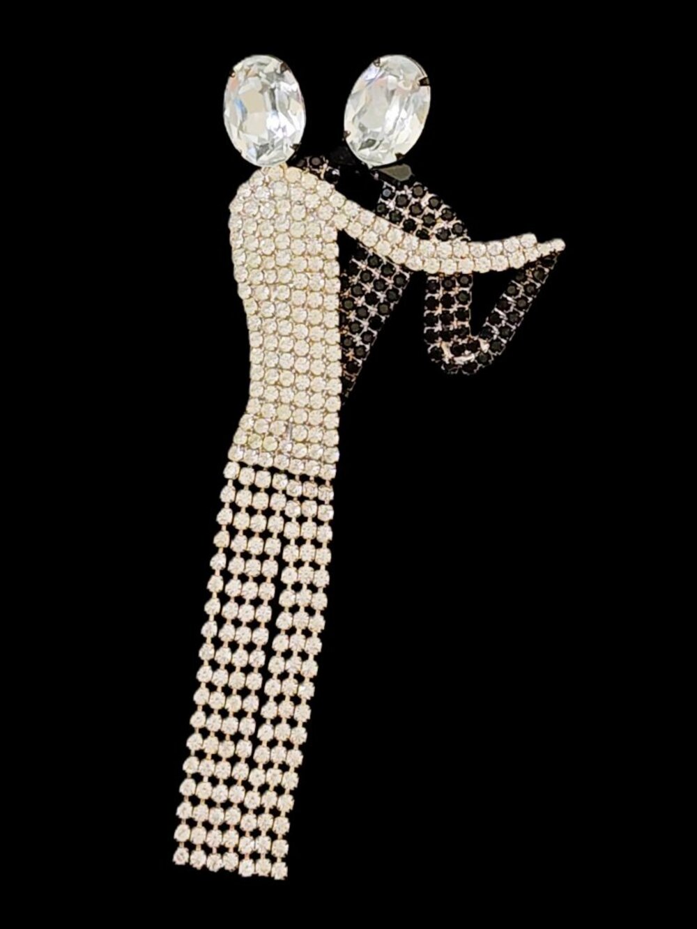Vintage 80s Art Deco Style Dancing Couple Large Brooch Waterfall Rhinestone